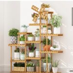 Estante para Plantas con Forma de Molinillo - Bambú - 138x102x24.5cm - 7 niveles, color natural (doble)