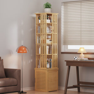 Estante Giratorio para Libros - Bambú -37x37x200cm - 7 niveles con puertas, color natural