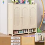 Zapatero - Bambú -115x90x33 cm - 8 niveles, 3 puertas, color blanco hueso